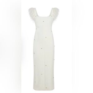 Likely White Midi Dress with Gold Crystal and Feather Accents